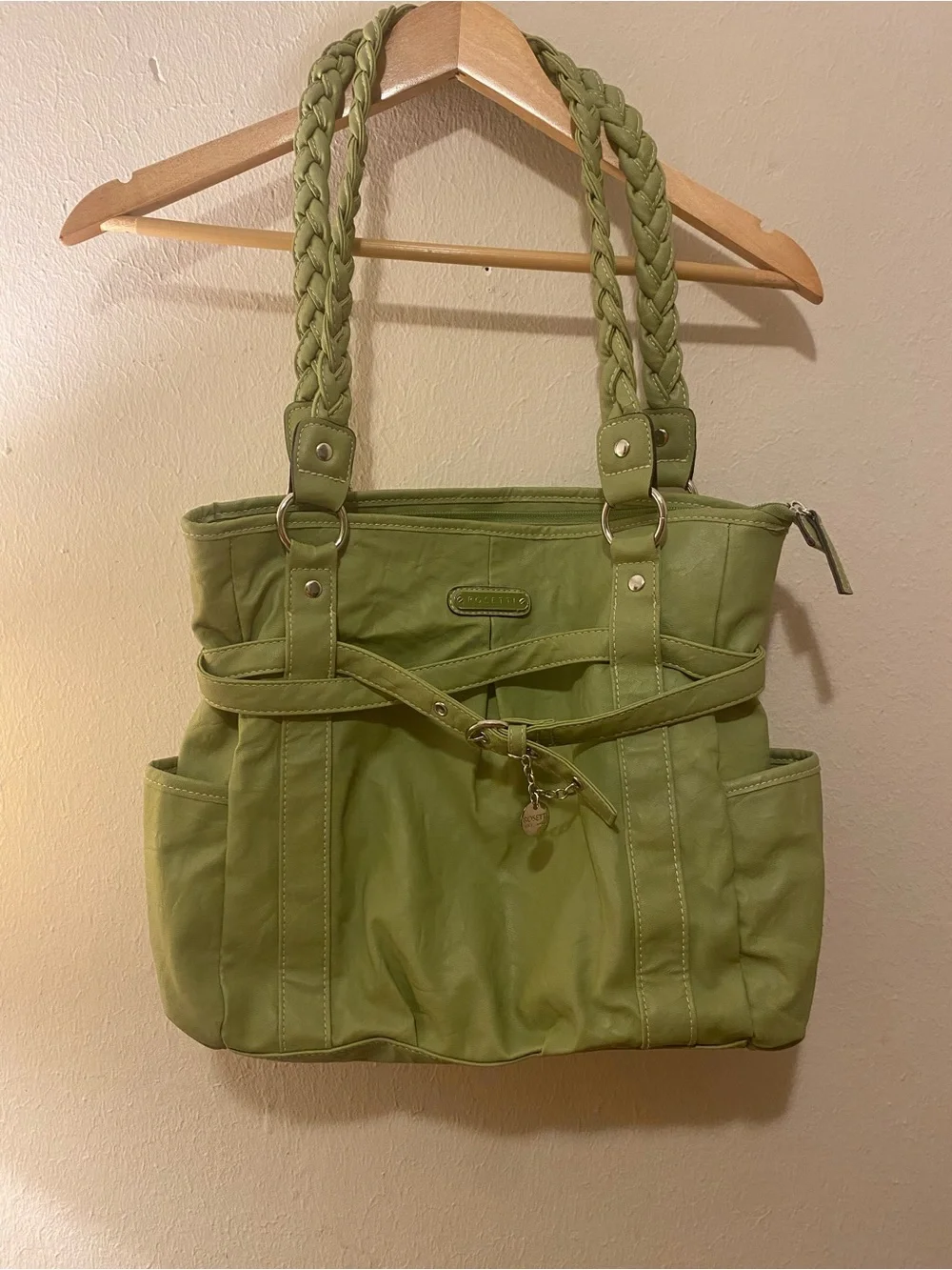 Women’s Rossetti Vegan Leather chartreuse green hobo bag/purse with charm